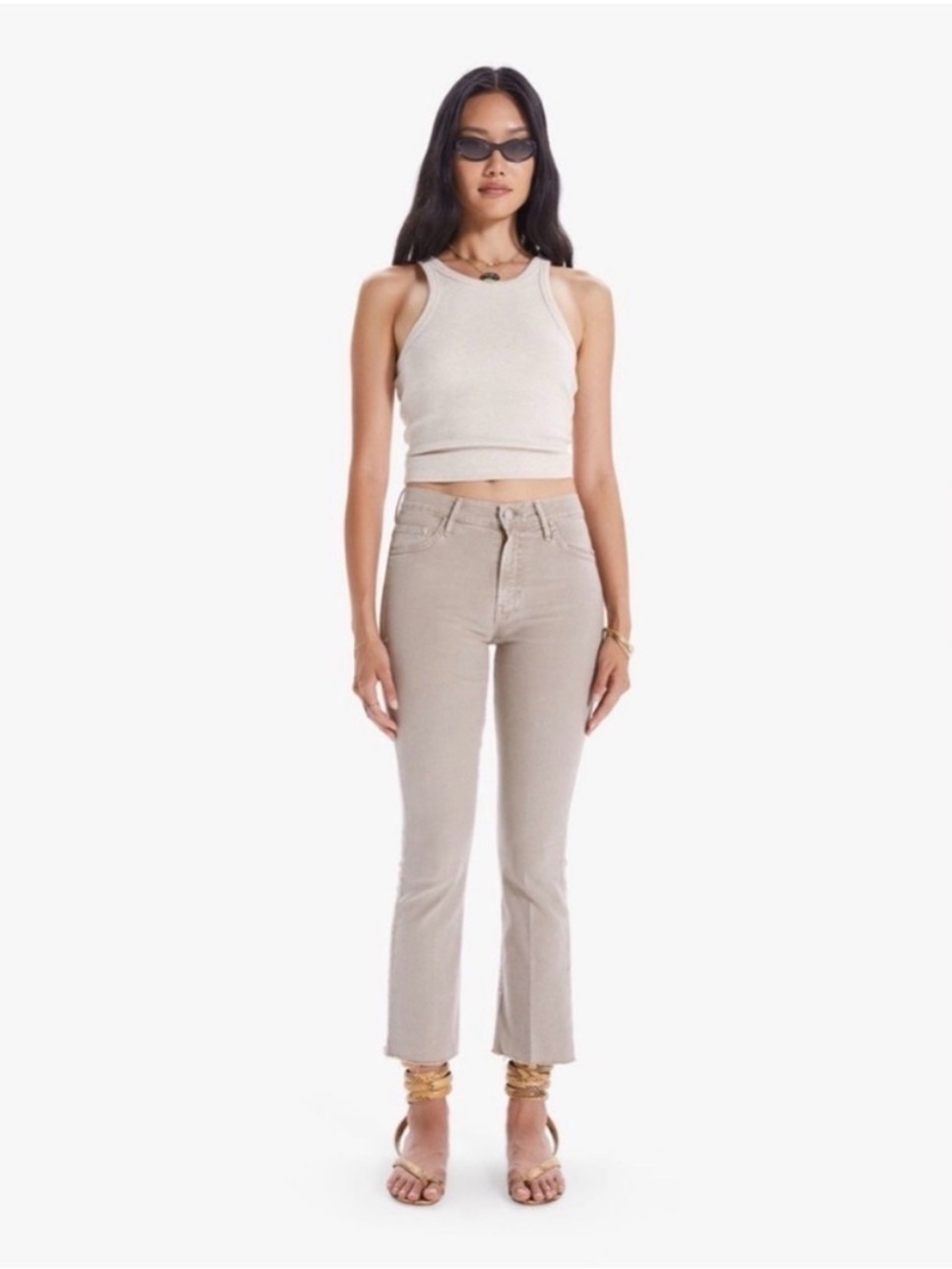 Mother The Insider Ankle Fray Jeans Size 27 Chalk It Up Oxford Tan High Rise Raw